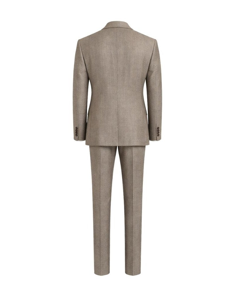 Rear view of the Loro Piana Beige Textured Wool Double-Breasted Suit, featuring a refined tailored fit with structured shoulders and smooth textured wool fabric for luxurious mens suiting.