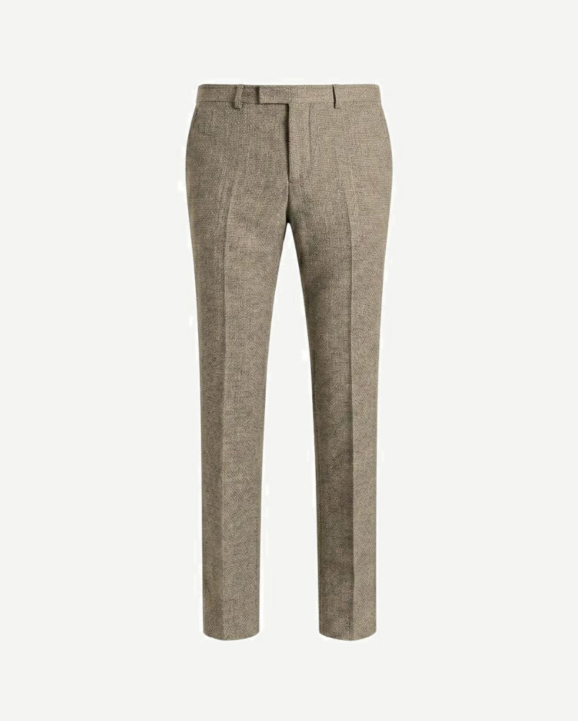 Loro Piana Beige Wool Tailored Trousers displayed front-facing, featuring a slim fit cut with finely textured wool fabric in a soft beige tone for refined formalwear.