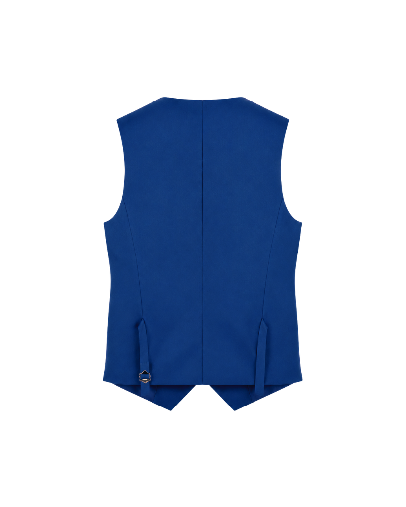 Loro Piana Blue 100% Wool Men’s Fitted Vest in a rich blue shade, featuring a tailored back with adjustable side straps for a custom fit and sleek silhouette.