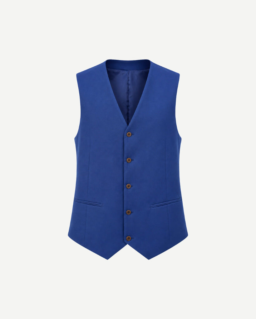 Loro Piana Blue 100% Wool Men’s Fitted Vest in a vibrant blue hue, featuring a sleek single-breasted design with button closure and refined welt pockets for polished menswear layering.