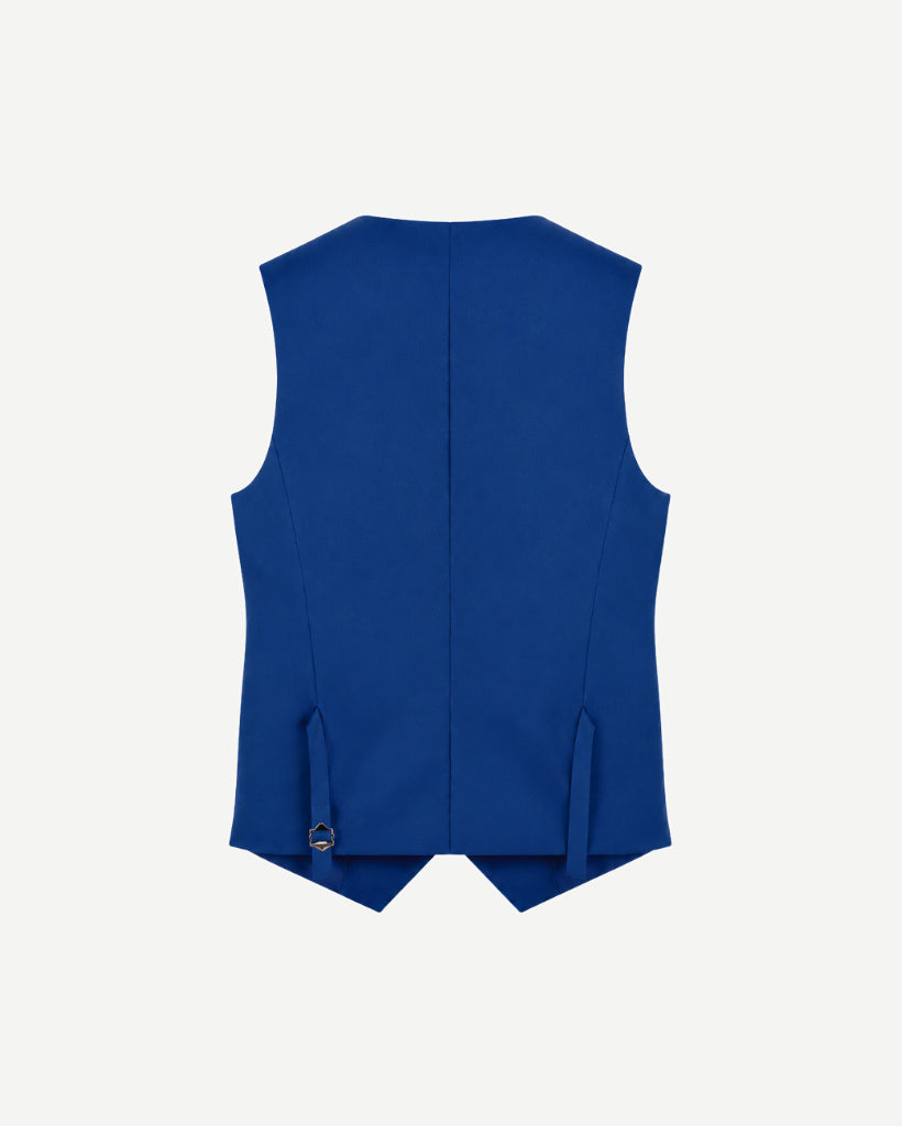 Loro Piana Blue 100% Wool Men’s Fitted Vest in a rich blue shade, featuring a tailored back with adjustable side straps for a custom fit and sleek silhouette.