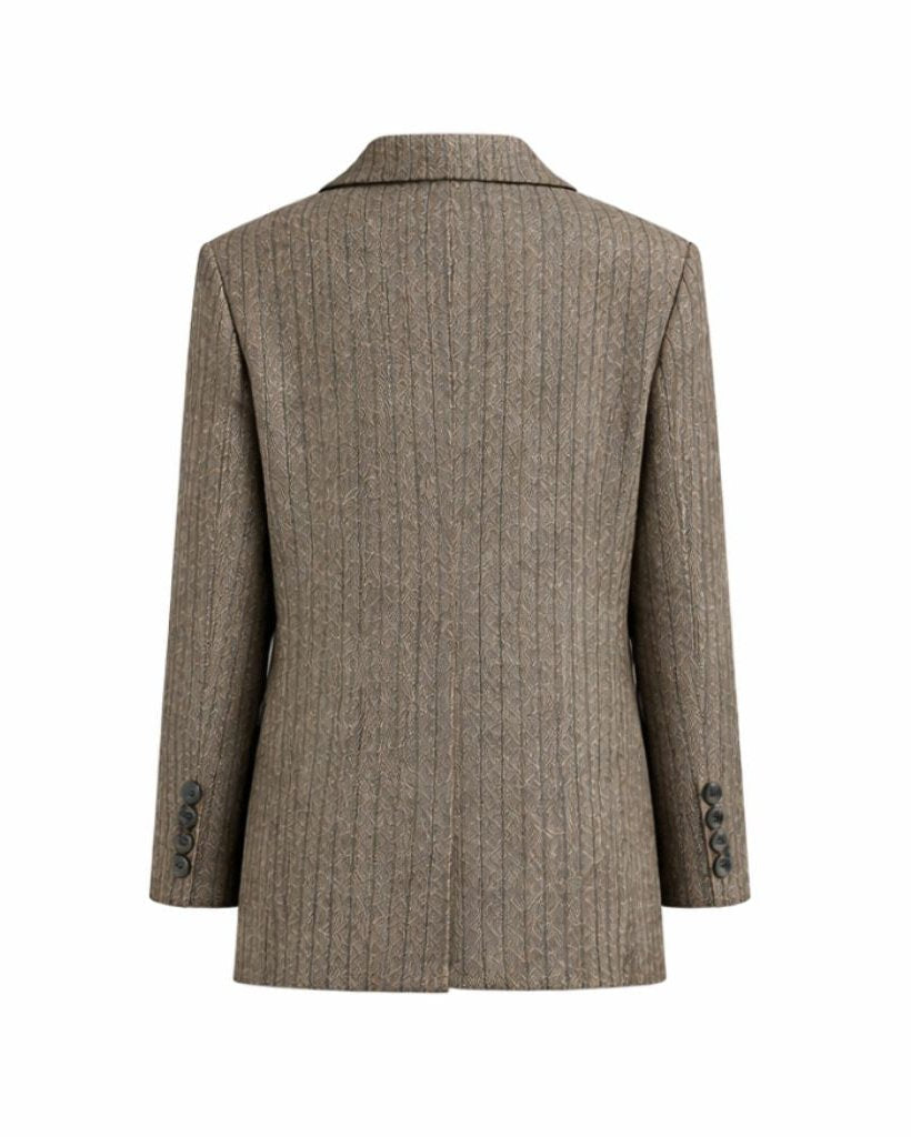 Back view of the Loro Piana Brown Stripe Wool Silk Linen Blazer, showcasing its streamlined silhouette, subtle vertical stripe pattern, and fine blend of wool, silk, and linen fabrics.