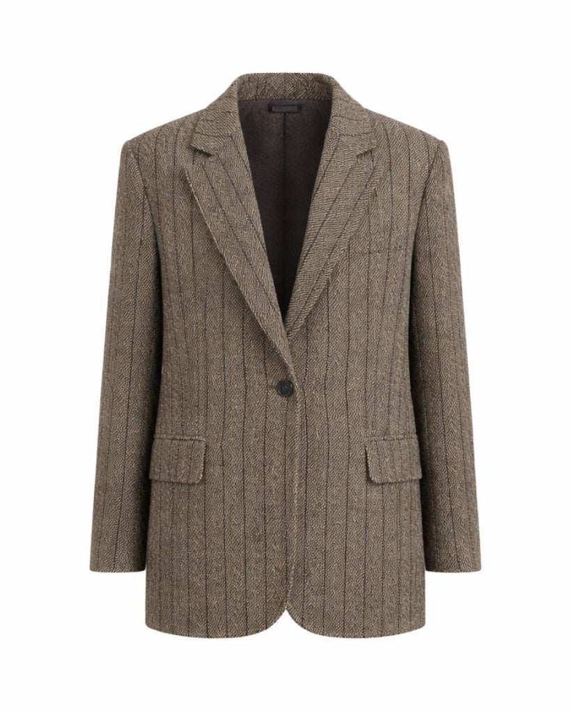 Front view of the Loro Piana Brown Stripe Wool Silk Linen Blazer, featuring a single-button closure, sharp lapels, and a subtle vertical stripe pattern in a warm brown fabric blend.