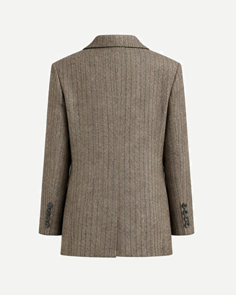Back view of the Loro Piana Brown Stripe Wool Silk Linen Blazer, showcasing its streamlined silhouette, subtle vertical stripe pattern, and fine blend of wool, silk, and linen fabrics.