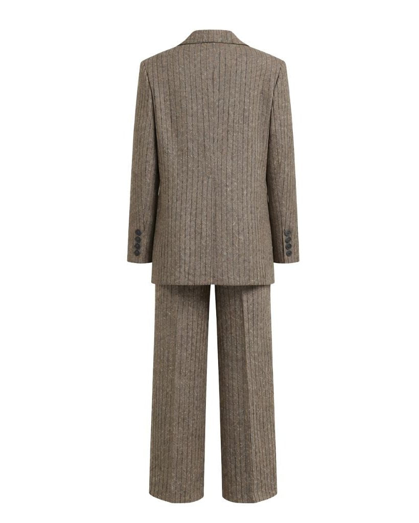 Back view of the Loro Piana Brown Stripe Wool Silk Linen Suit, featuring a relaxed silhouette with subtle vertical stripes in a soft brown blend of wool, silk, and linen fabrics.