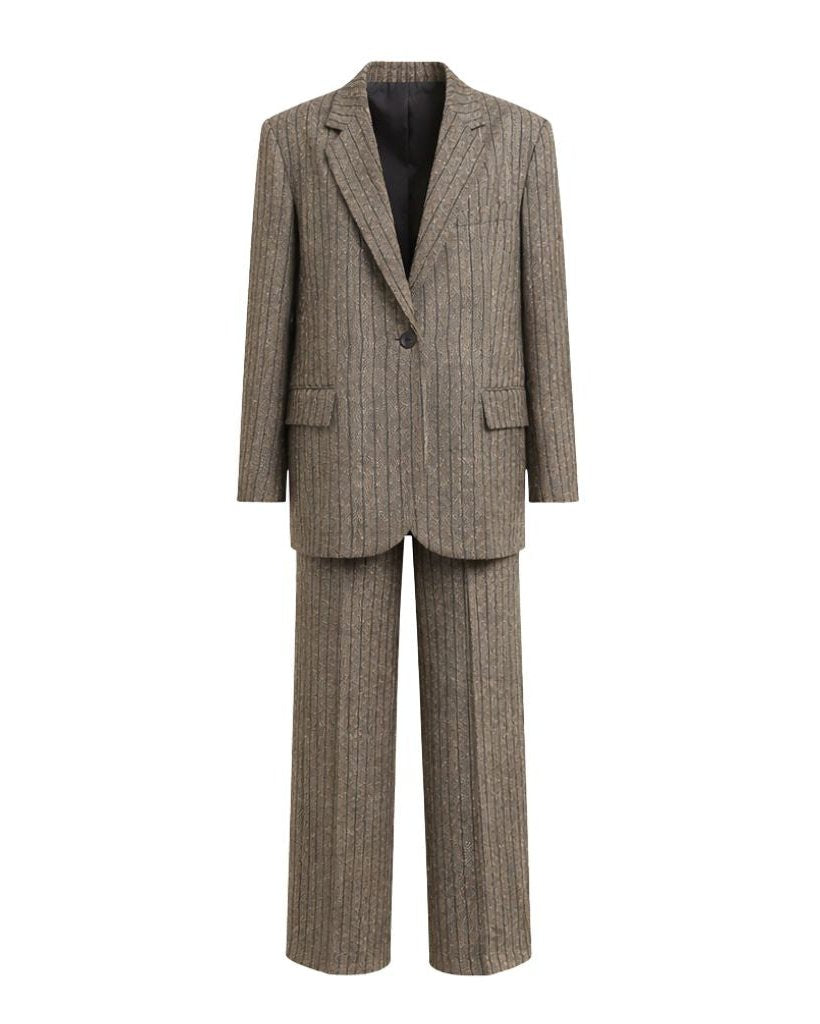 Loro Piana Brown Stripe Wool Silk Linen Suit featuring a relaxed tailored fit with subtle vertical stripes and a sophisticated blend of wool, silk, and linen for luxurious mens suiting.
