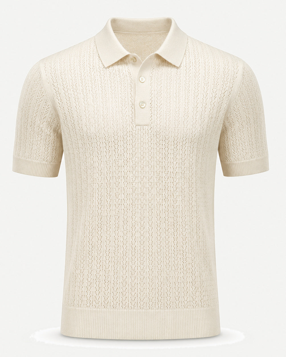 Loro Piana Cashmere Silk Linen Polo Shirt in a soft cream tone, featuring an openwork knit pattern, short sleeves, and a classic three-button placket for refined leisure dressing.