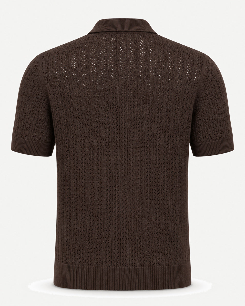 Loro Piana Cashmere Silk Linen Polo Shirt in dark brown, featuring a finely detailed open-knit pattern, short sleeves, ribbed collar and hem for an elevated summer leisurewear look.