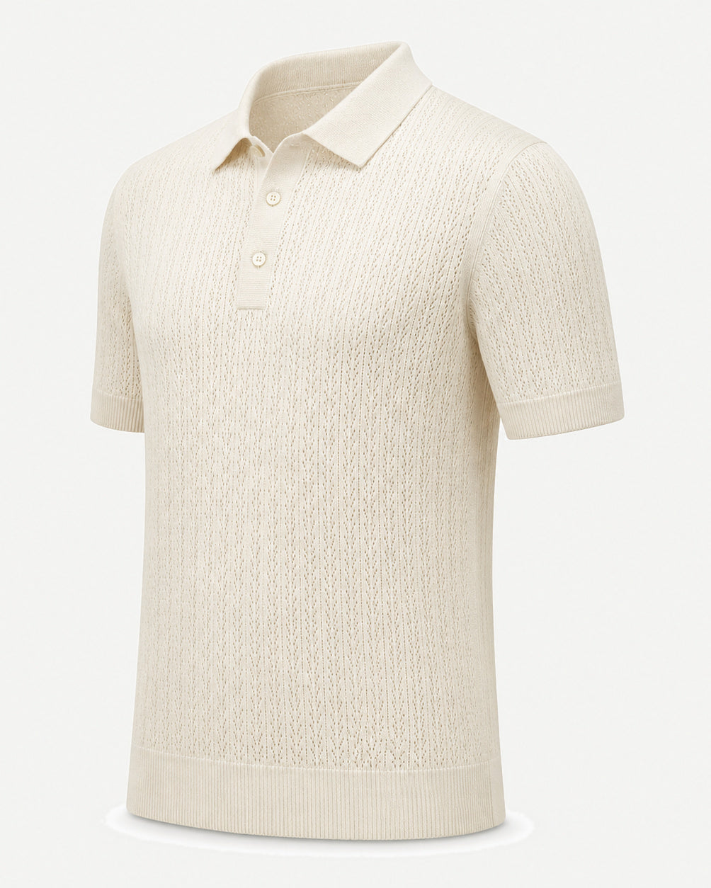 Loro Piana Cashmere Silk Linen Polo Shirt in a soft cream hue, showcasing a delicate openwork knit texture, short sleeves, and a refined three-button placket for elegant leisurewear.