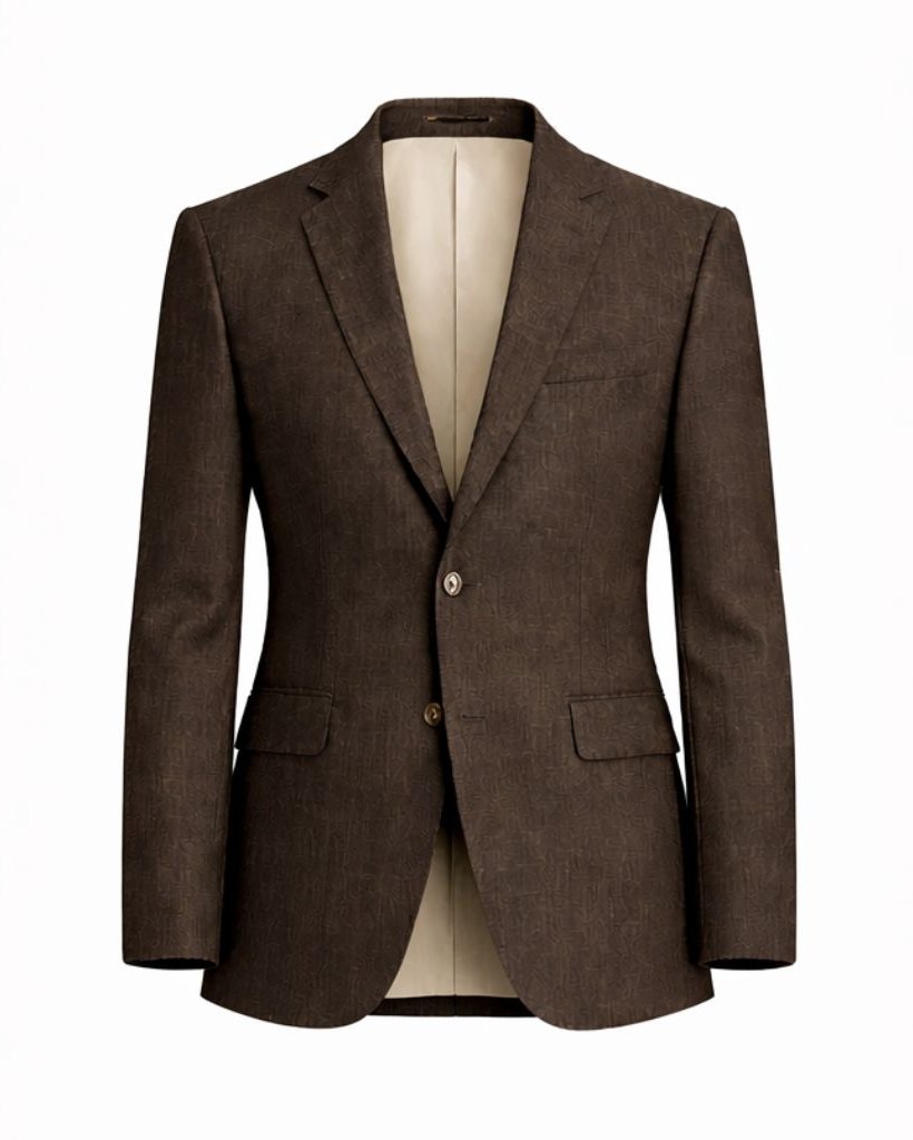 Loro Piana Chocolate Brown Wool Silk Blazer featuring a tailored silhouette with notch lapels, two-button closure, and flap pockets crafted from luxurious wool and silk blend fabric.
