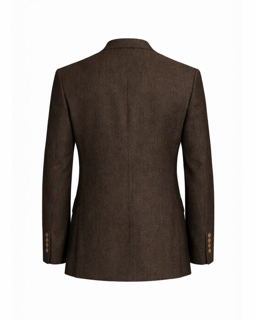 Back view of the Loro Piana Chocolate Brown Wool Silk Blazer showcasing its sleek tailored fit, smooth wool-silk fabric, and elegant button detailing on the sleeves.