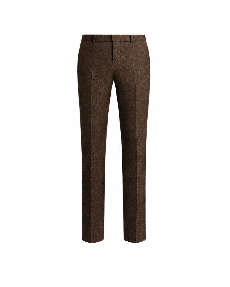 Loro Piana Chocolate Brown Wool Silk Trousers displayed with a slim tailored cut, featuring a smooth blend of luxurious wool and silk fabric for refined formalwear.