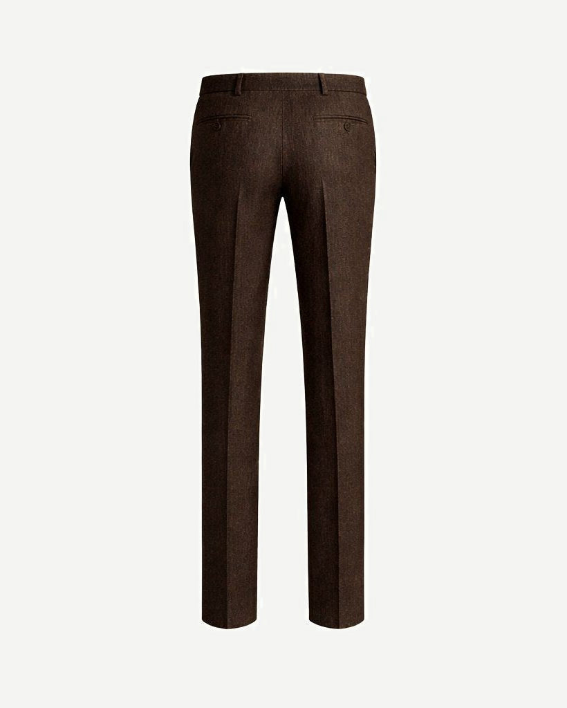 Back view of Loro Piana Chocolate Brown Wool Silk Trousers showcasing a slim, tailored fit crafted from luxurious wool and silk blend fabric for elegant formalwear.
