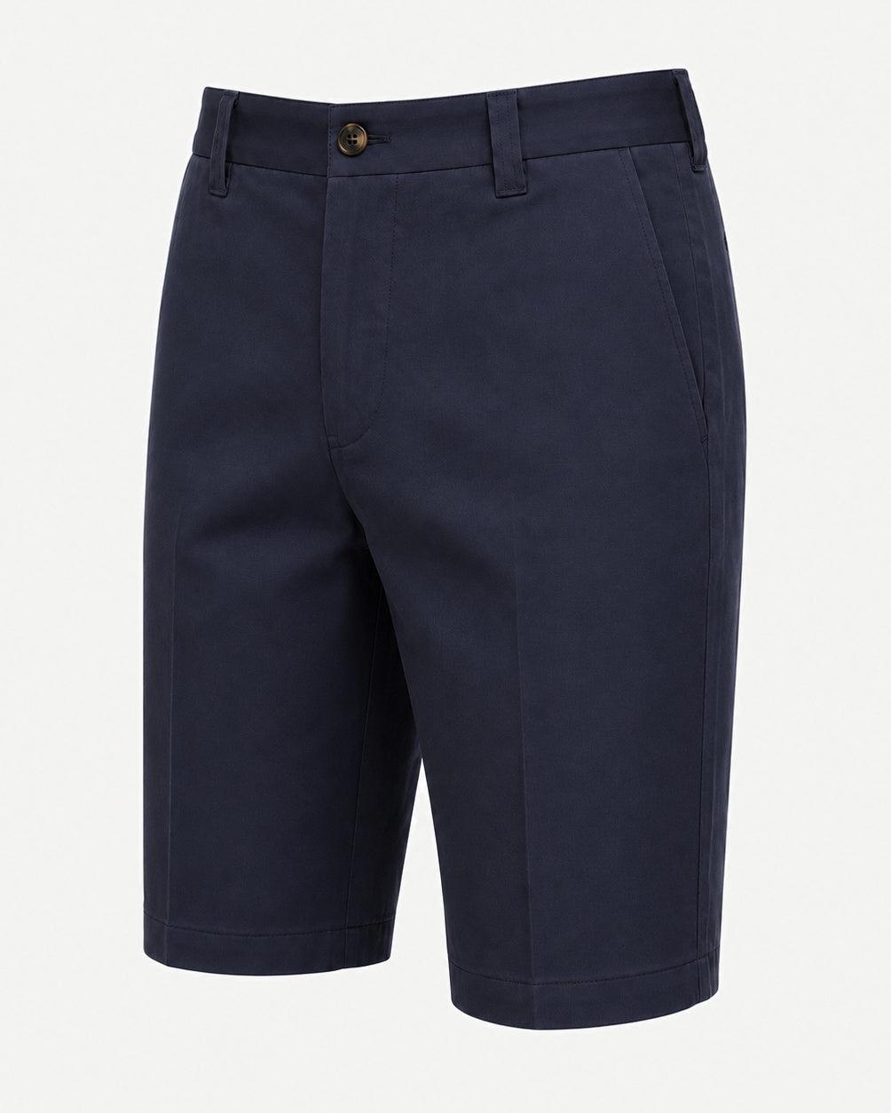 Men’s Loro Piana Tailored Bermuda Shorts in deep navy, featuring a sleek flat front, belt loops, side pockets, and a button fastening for refined summer leisurewear.