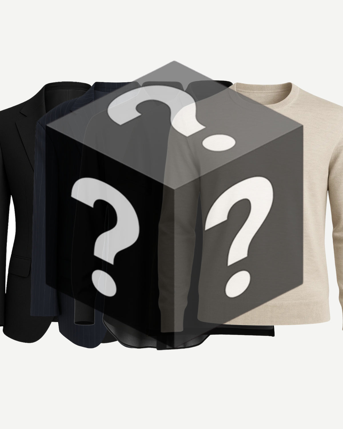 A digital composition featuring a beige sweater and dark tailored jackets overlaid with a translucent black box marked with large white question marks, representing the Men’s Mystery Sample Blind Box — Tops (Value up to $2,000).