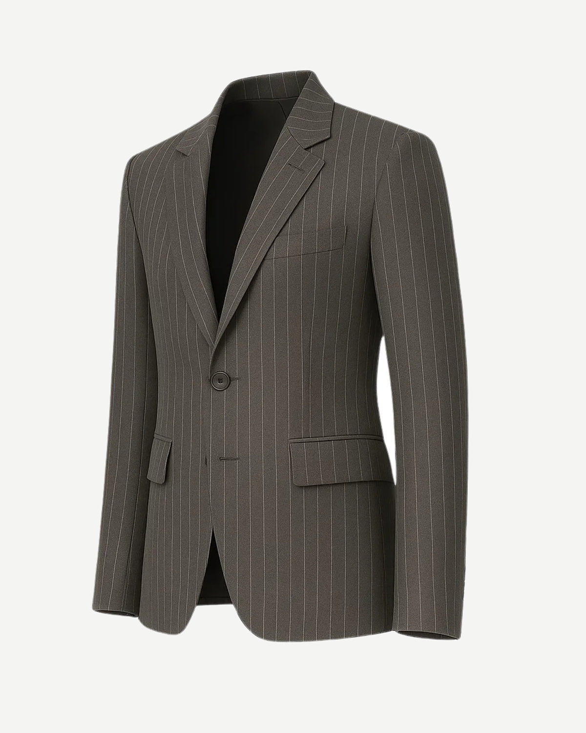 Men's Gray Pinstripe Classic Blazer Jacket with a single-button closure, notch lapels, flap pockets, and a tailored silhouette in a refined gray pinstripe fabric for sophisticated menswear.
