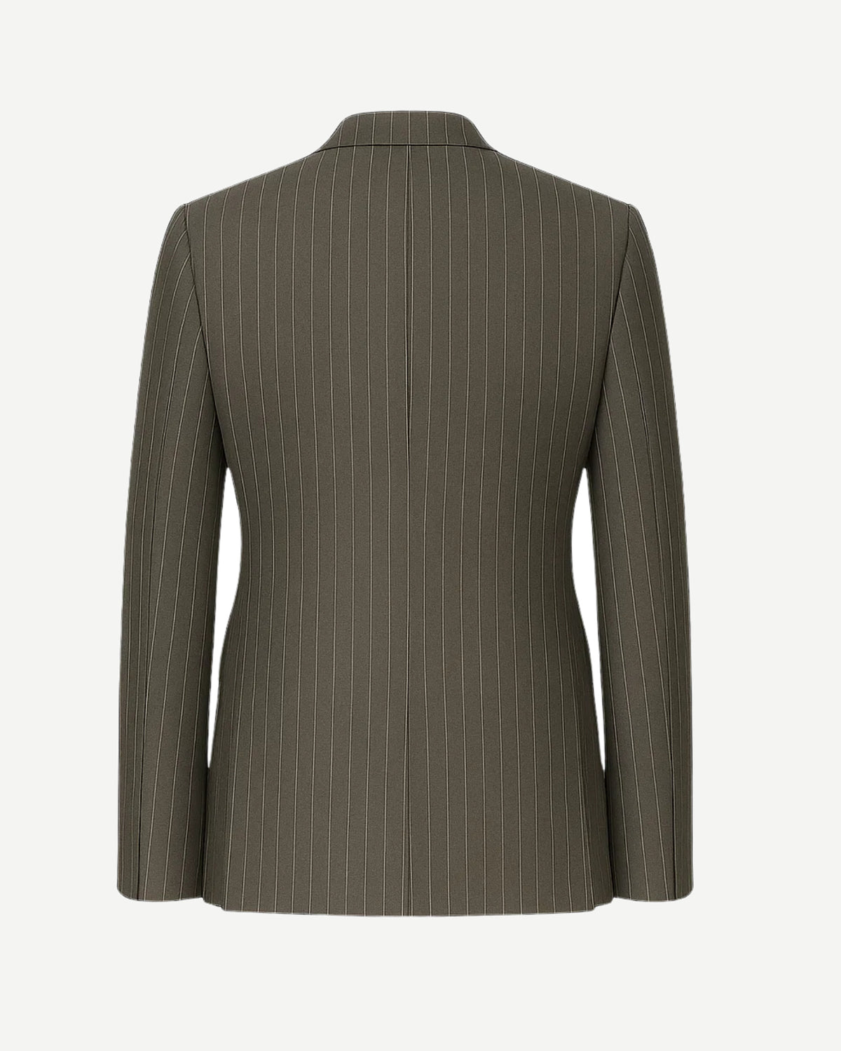 Men's Gray Pinstripe Classic Blazer Jacket shown from the back, featuring a clean silhouette with vertical pinstripes and tailored construction for refined menswear.