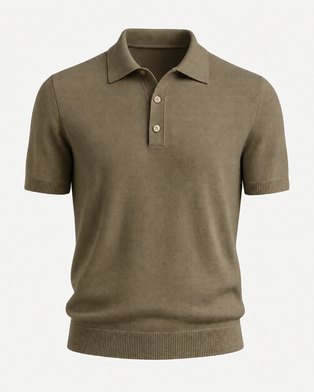Men’s Loro Piana Featherweight Cashmere Polo in a muted olive tone, featuring short sleeves, a three-button placket, and a finely knit lightweight cashmere fabric for sophisticated leisurewear.