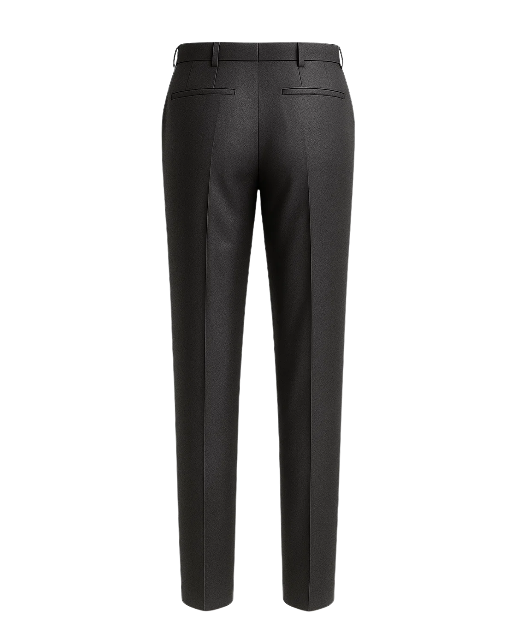 Men's Loro Piana Charcoal Dress Pants shown from the back, featuring a streamlined fit with belt loops, welt back pockets, and a smooth finish crafted from premium charcoal fabric for sophisticated menswear.