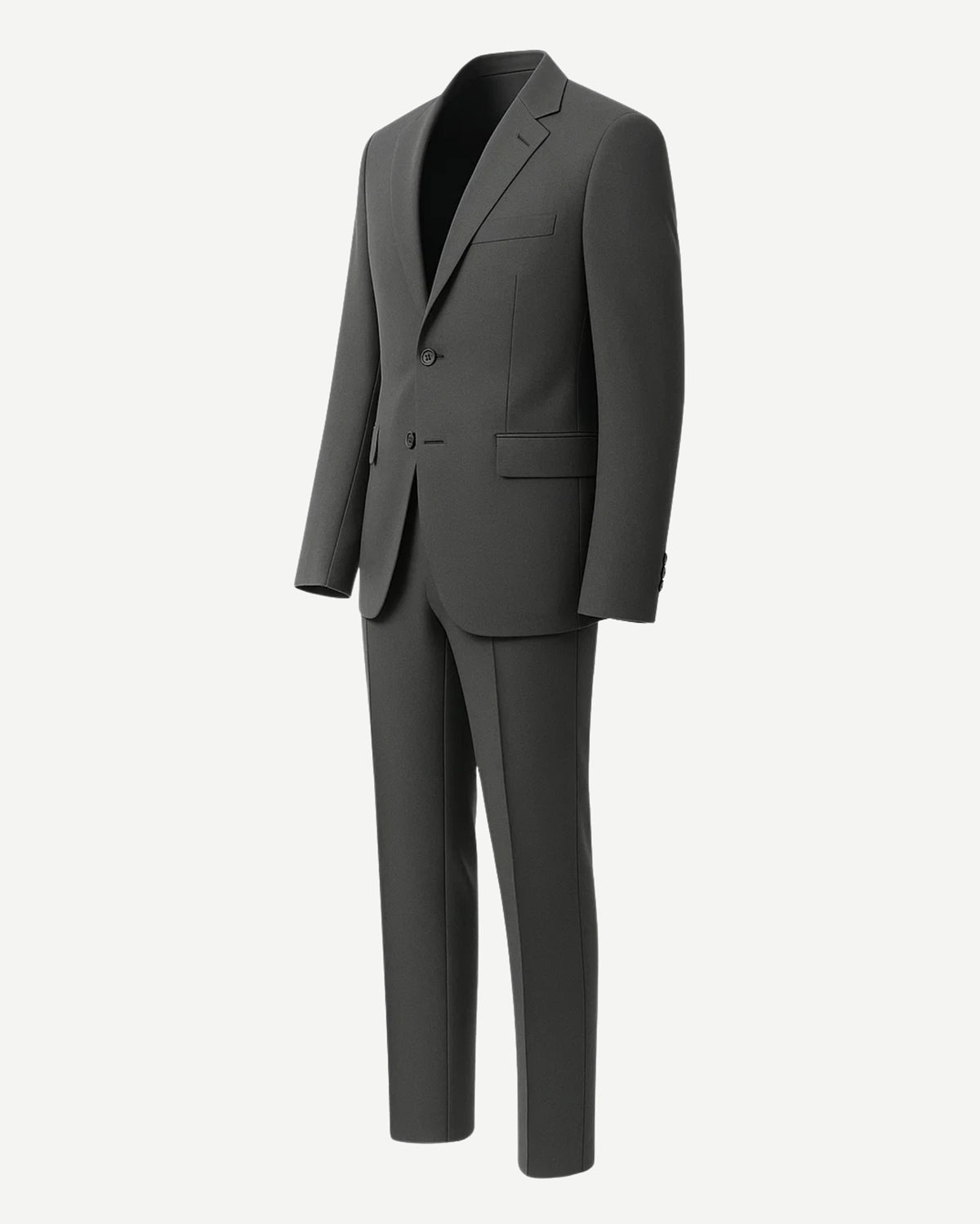 Men's Loro Piana Charcoal Slim Suit featuring a modern two-button blazer with notch lapels, flap pockets, and tailored slim-fit trousers crafted in premium charcoal fabric.