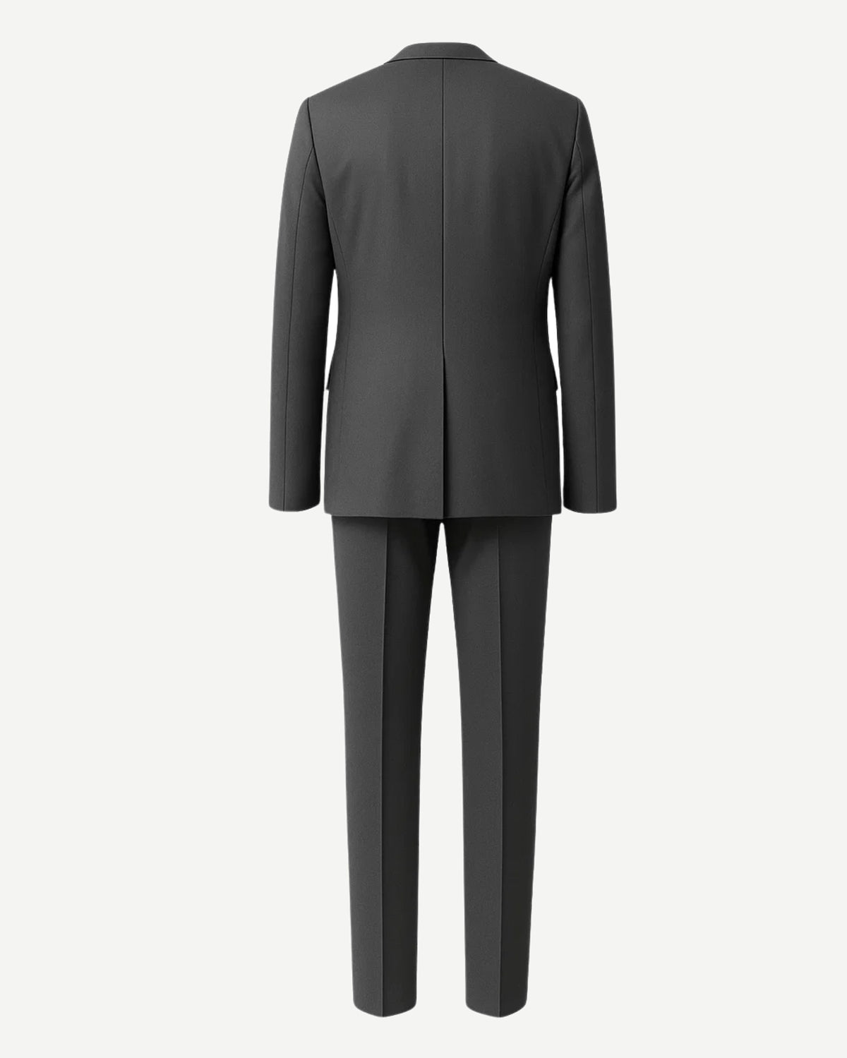 Men's Loro Piana Charcoal Slim Suit showing a clean back view of a tailored charcoal blazer with structured shoulders and matching slim-fit trousers in luxurious fabric.