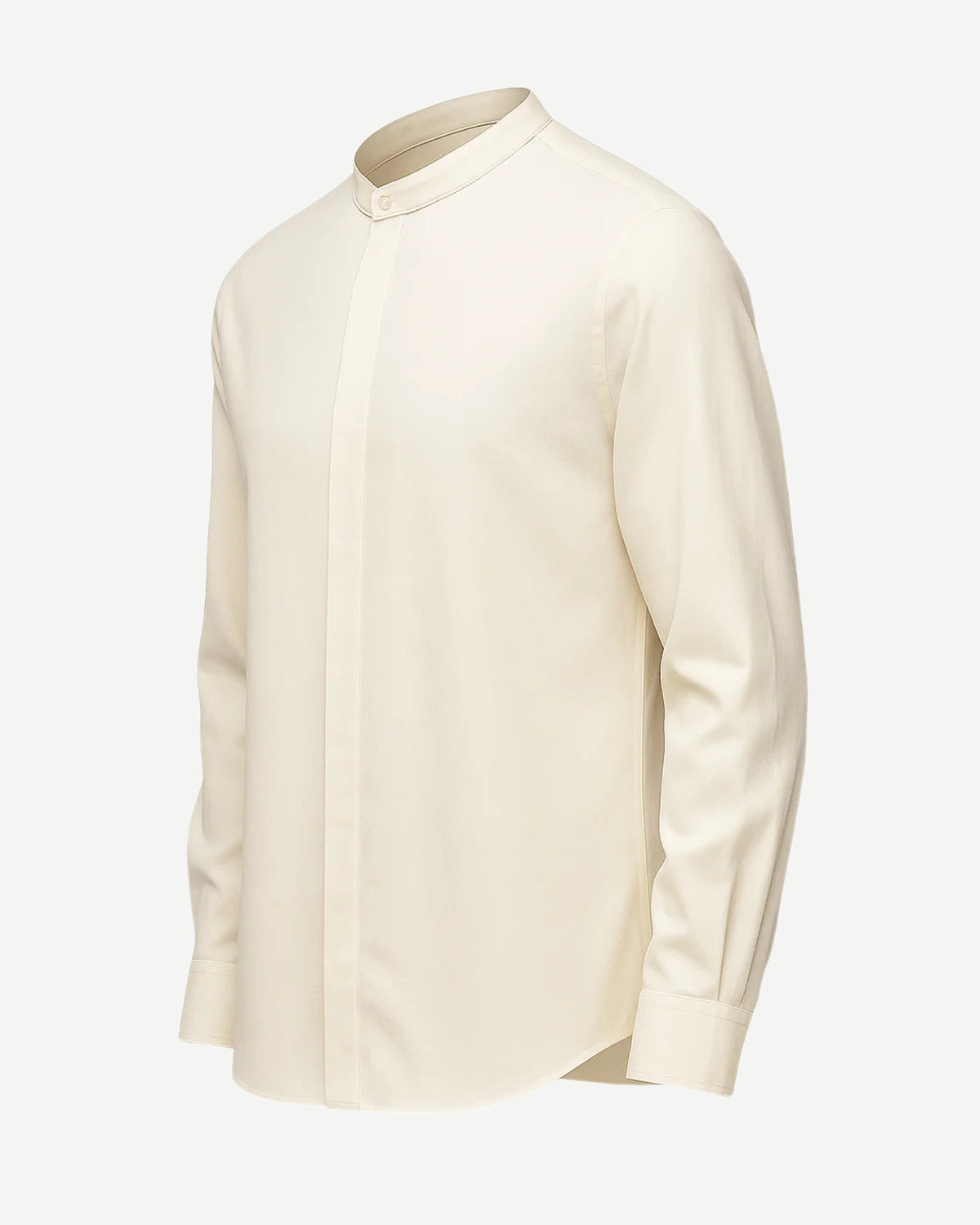 Men's Loro Piana Garden Party Cream Band Collar Shirt featuring a refined cream fabric with a minimalist concealed button placket, long sleeves, and a sleek band collar for elegant leisure dressing.