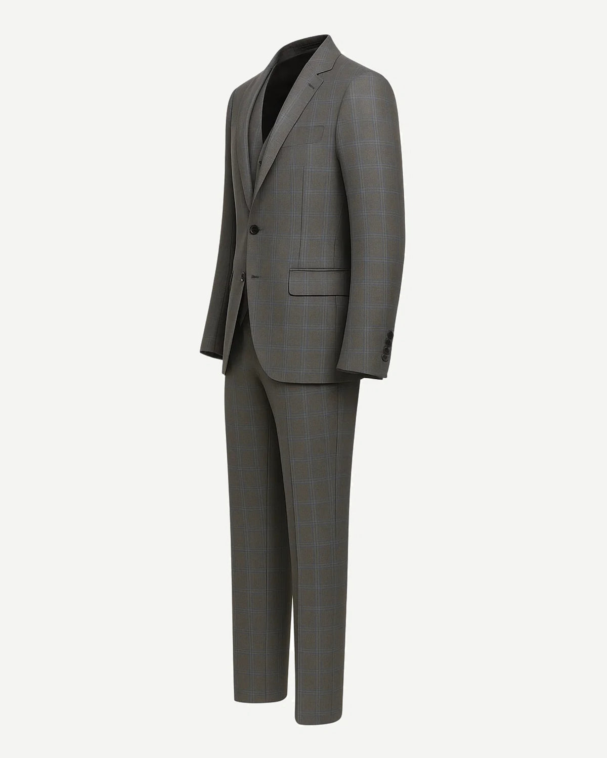 Men's Loro Piana Gray Three-Piece Suit featuring a tailored blazer, matching vest, and slim-fit trousers in a refined gray check fabric designed for sophisticated menswear.