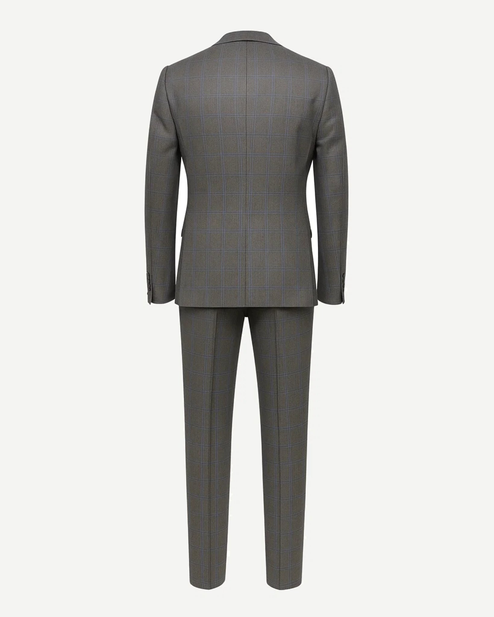 Men's Loro Piana Gray Three-Piece Suit shown from the back, featuring a tailored jacket and slim-fit trousers in a subtle checked gray fabric crafted from luxury Loro Piana material.