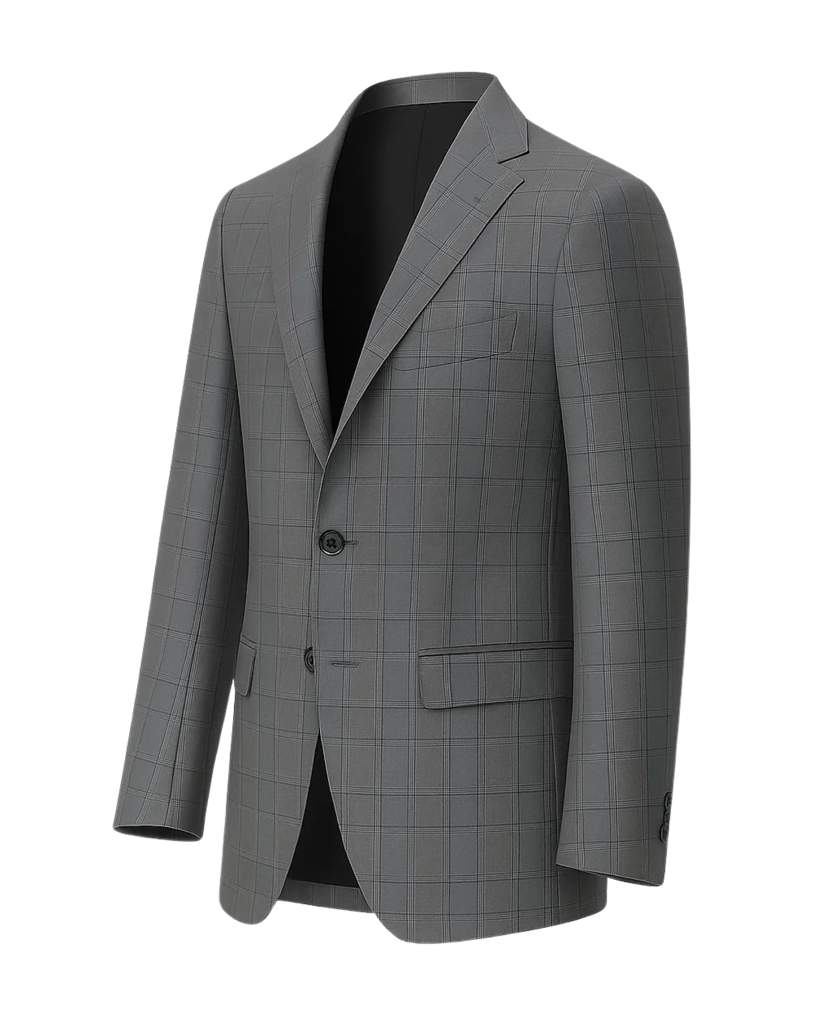 Men's Loro Piana Grey Check Blazer showcasing a tailored two-button front with notch lapels, flap pockets, and a subtle check pattern in refined grey fabric for elegant menswear.
