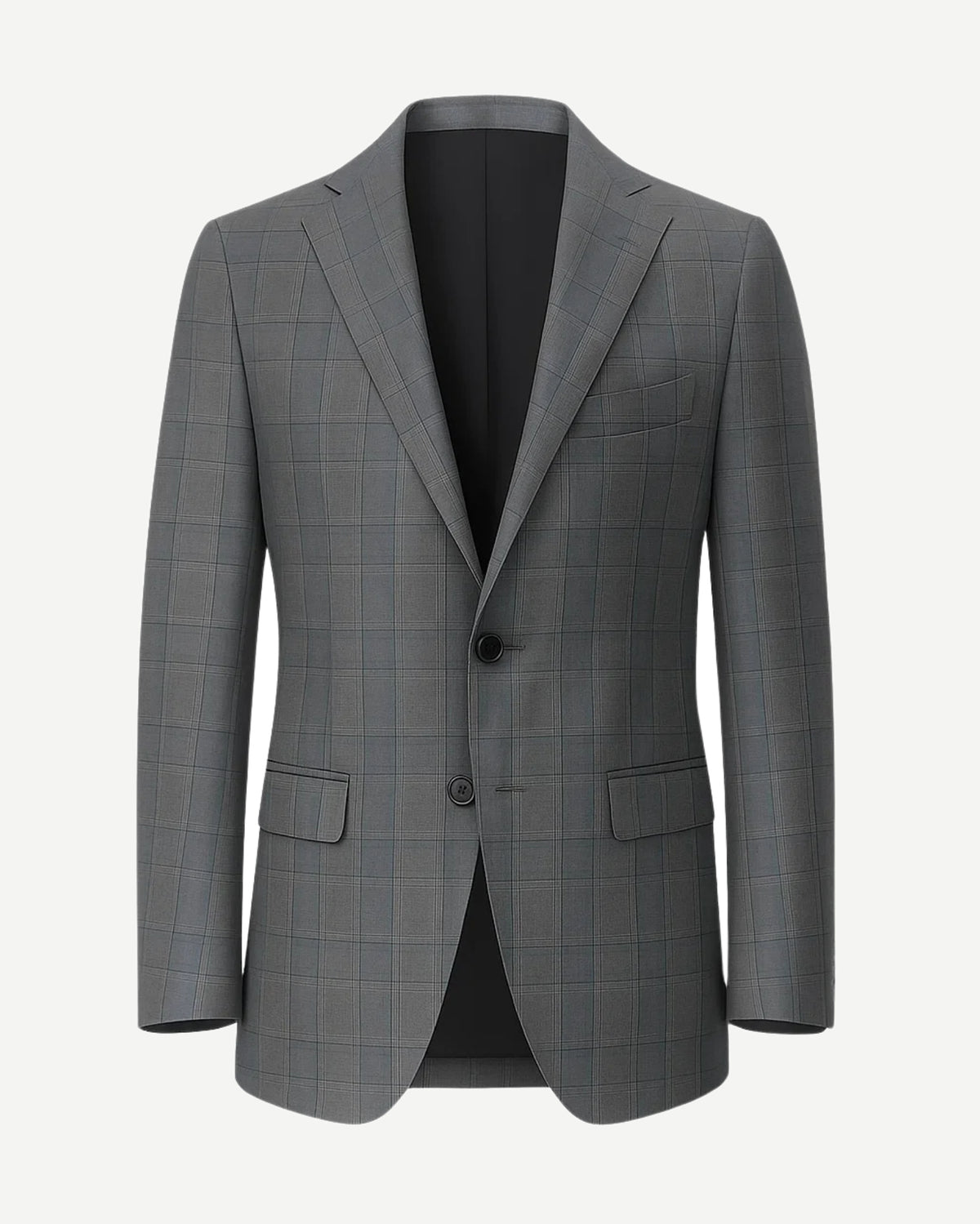 Men's Loro Piana Grey Check Blazer featuring a tailored two-button design with notch lapels, flap pockets, and subtle check pattern in refined grey fabric for sophisticated menswear.