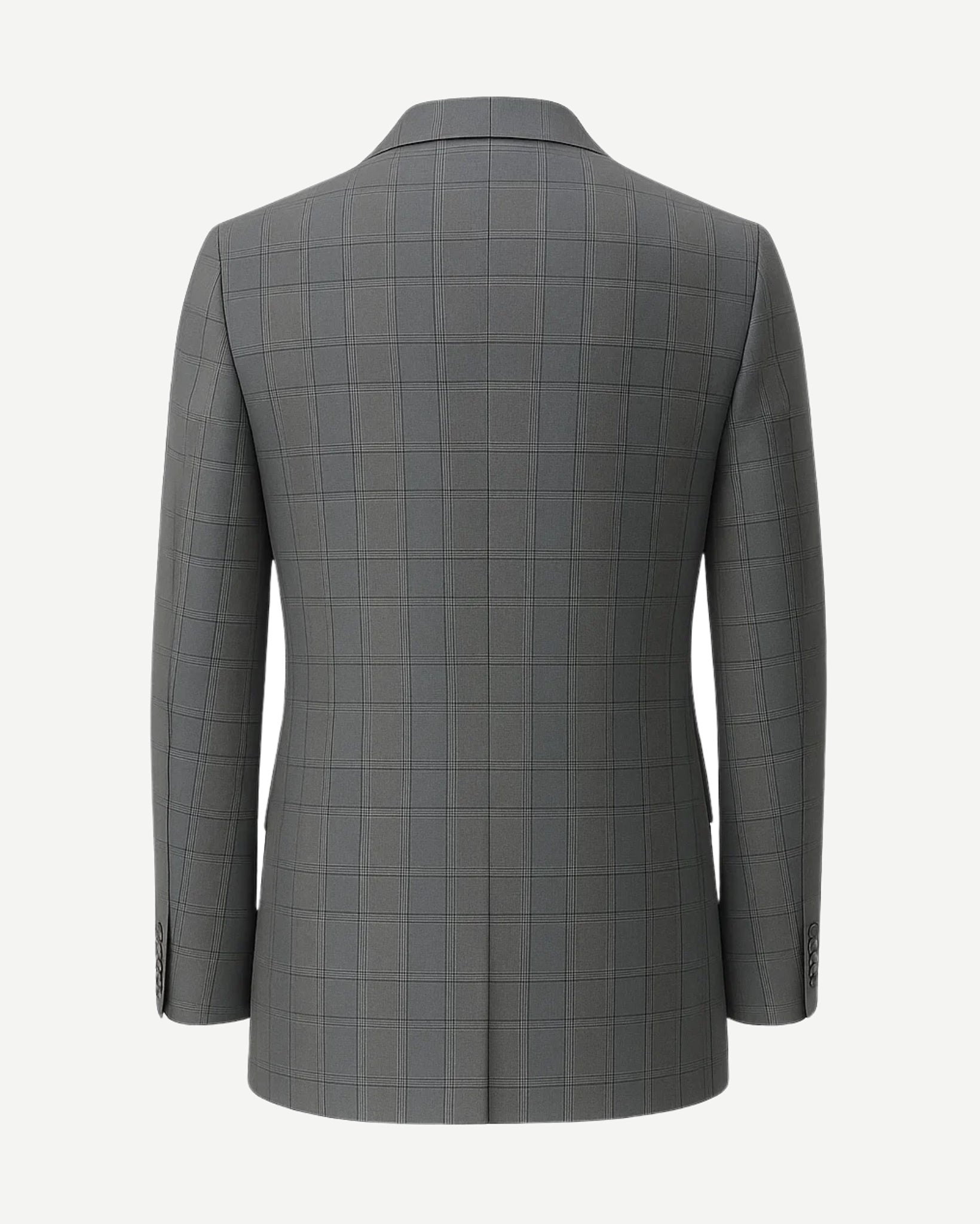 Men's Loro Piana Grey Check Blazer displaying a tailored back view with a subtle check pattern, structured shoulders, and clean lines crafted from luxury grey fabric for refined menswear.