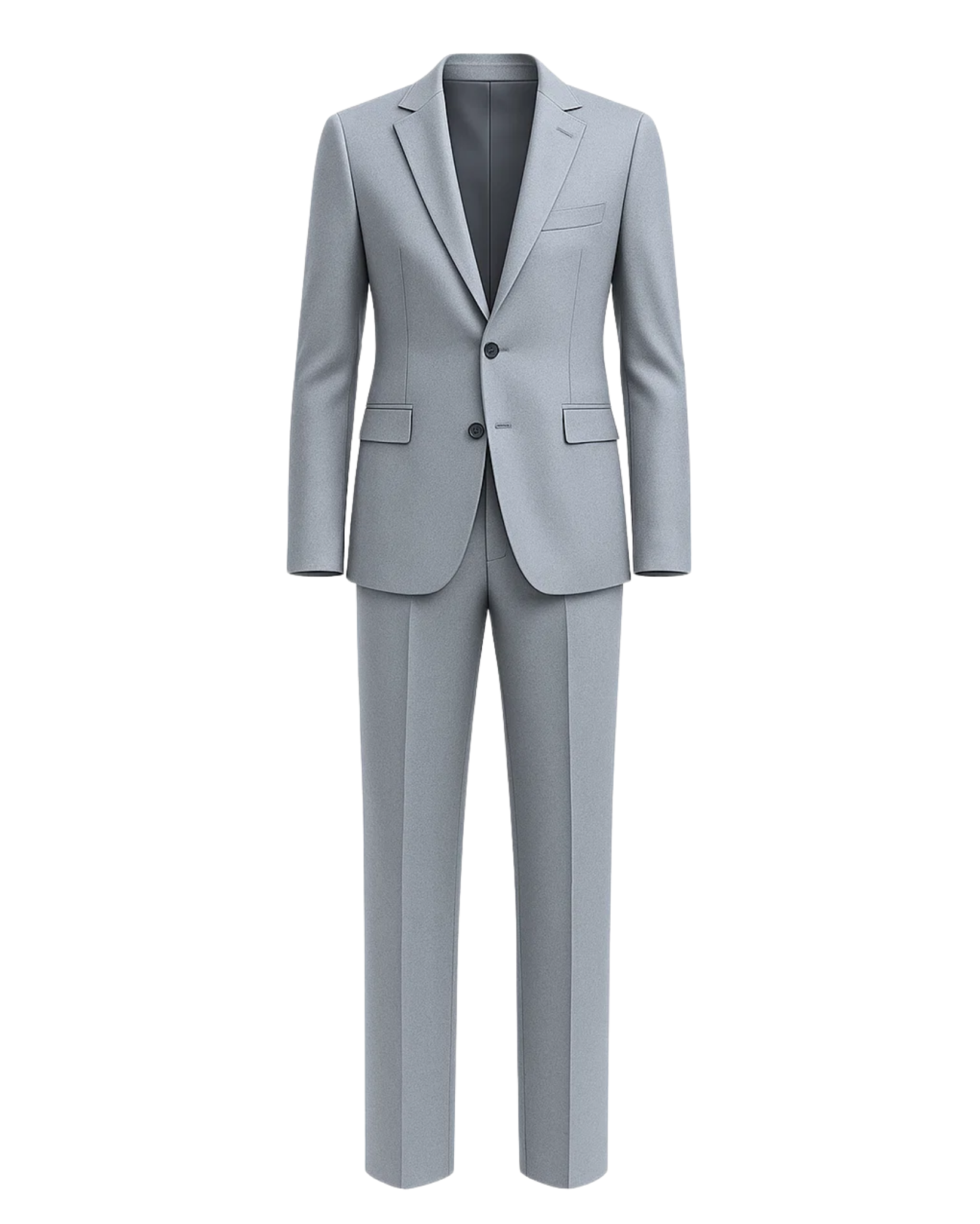 Men's Loro Piana Gray Slim Suit showcasing a modern two-button blazer with notch lapels, flap pockets, and matching slim-fit trousers in a refined gray fabric for elegant menswear.