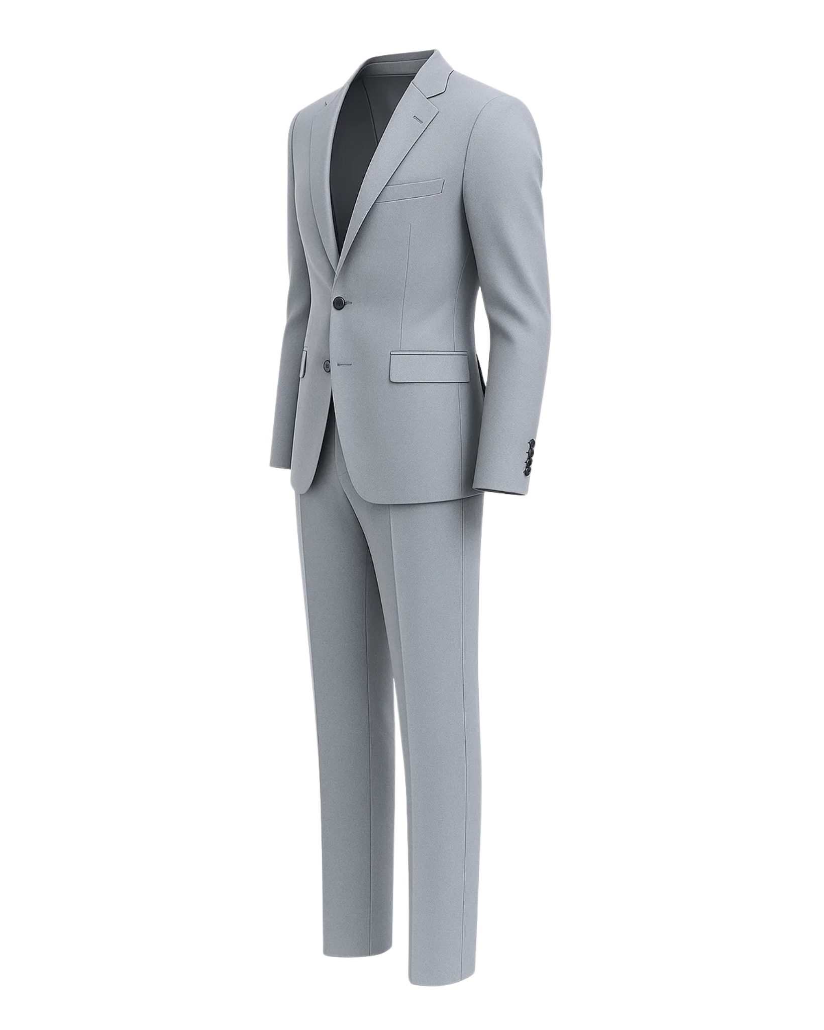 Men's Loro Piana Gray Slim Suit featuring a streamlined two-button blazer with notch lapels, flap pockets, and slim-fit trousers crafted from smooth gray luxury fabric.