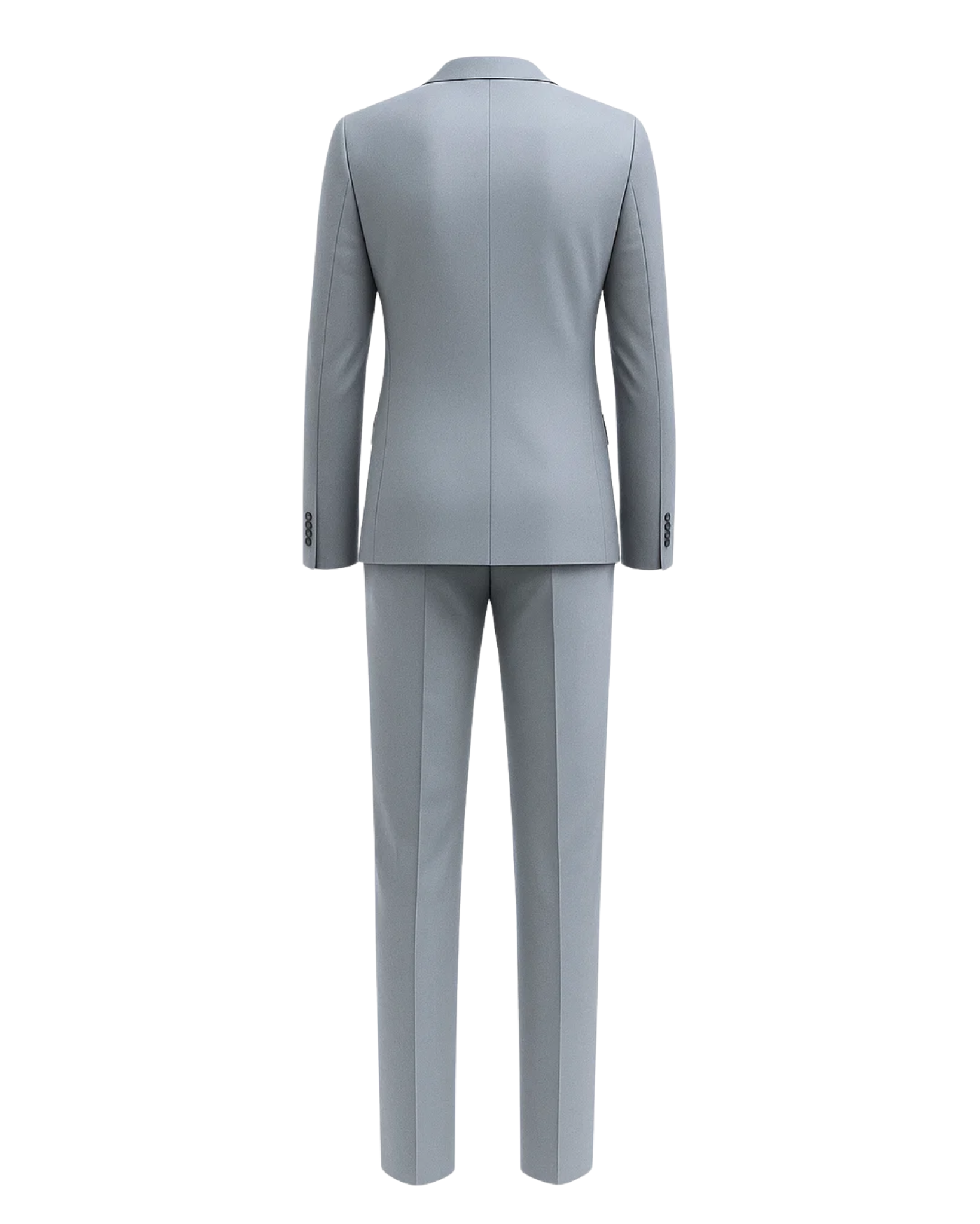 Men's Loro Piana Gray Slim Suit showing a rear view of a tailored blazer with clean lines, structured shoulders, and matching slim-fit trousers crafted from luxury gray fabric.