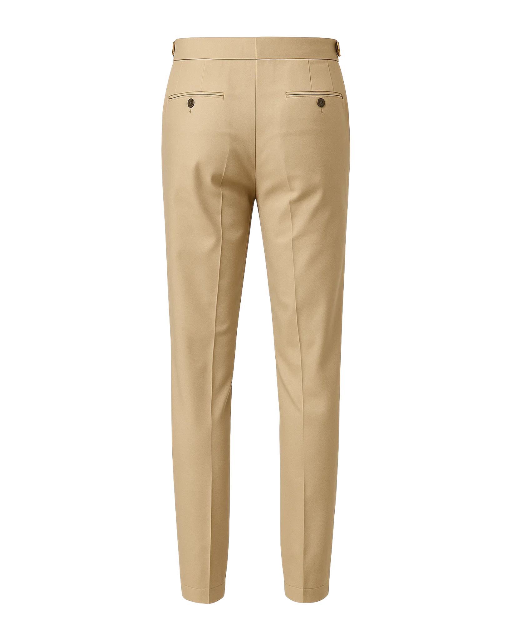 Men's Loro Piana Kensington Beige Cotton Silk Chinos shown from the back, crafted in smooth beige fabric with tailored slim legs, welt pockets with button closures, belt loops, and side adjusters for precise fit.