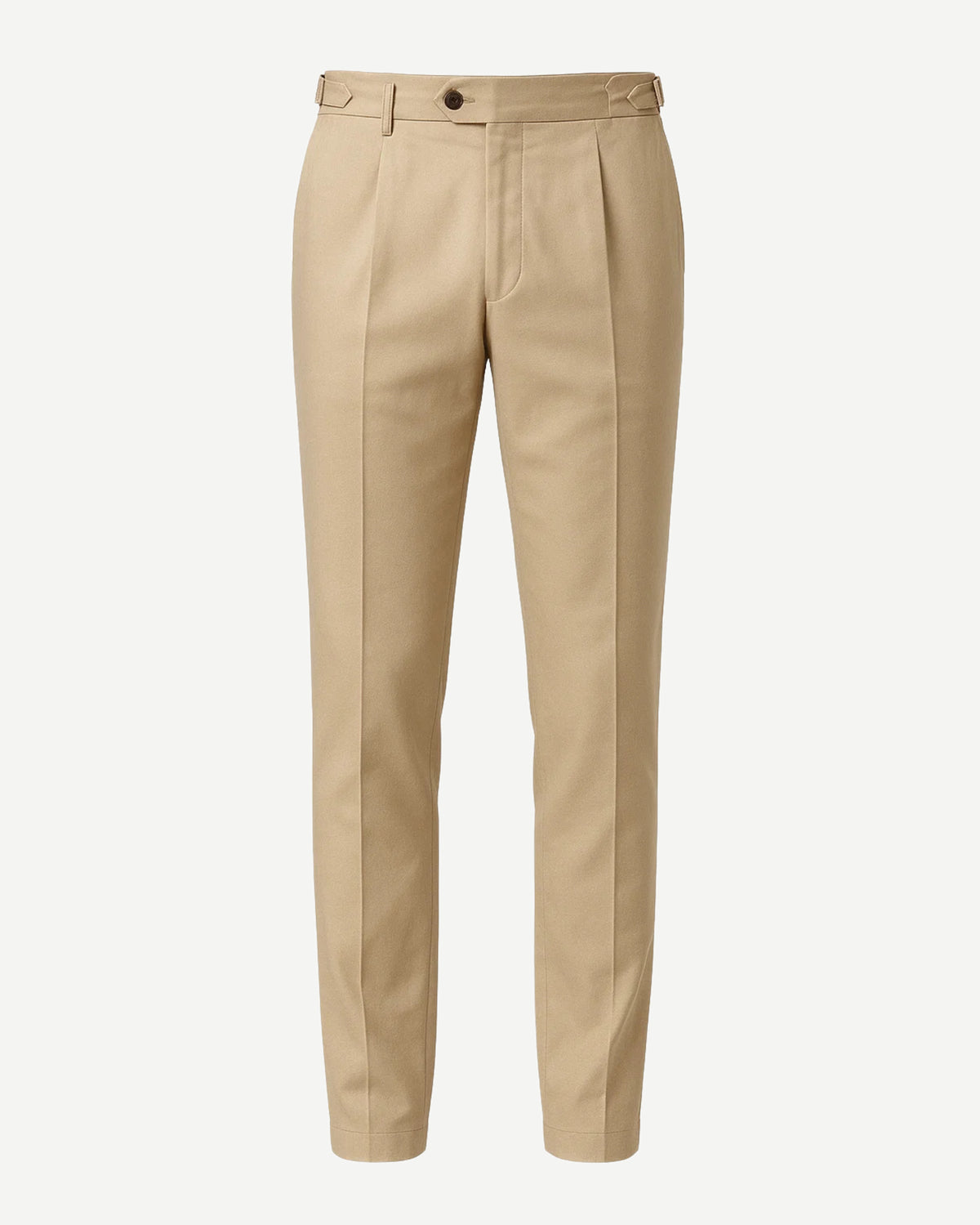 Men's Loro Piana Kensington Beige Cotton Silk Chinos in a smooth beige tone, featuring pleats, belt loops, side adjusters, and a tailored slim fit for refined luxury dressing.