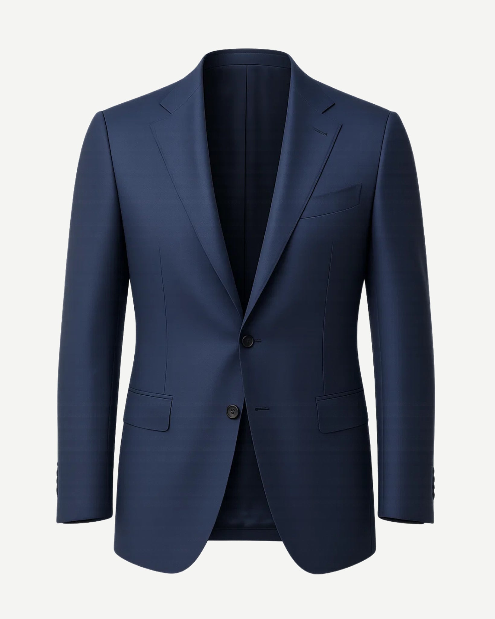 Men's Loro Piana Navy Blue Blazer showcasing a refined two-button design with notch lapels, flap pockets, and subtle tonal patterning in luxurious navy fabric for sophisticated menswear.