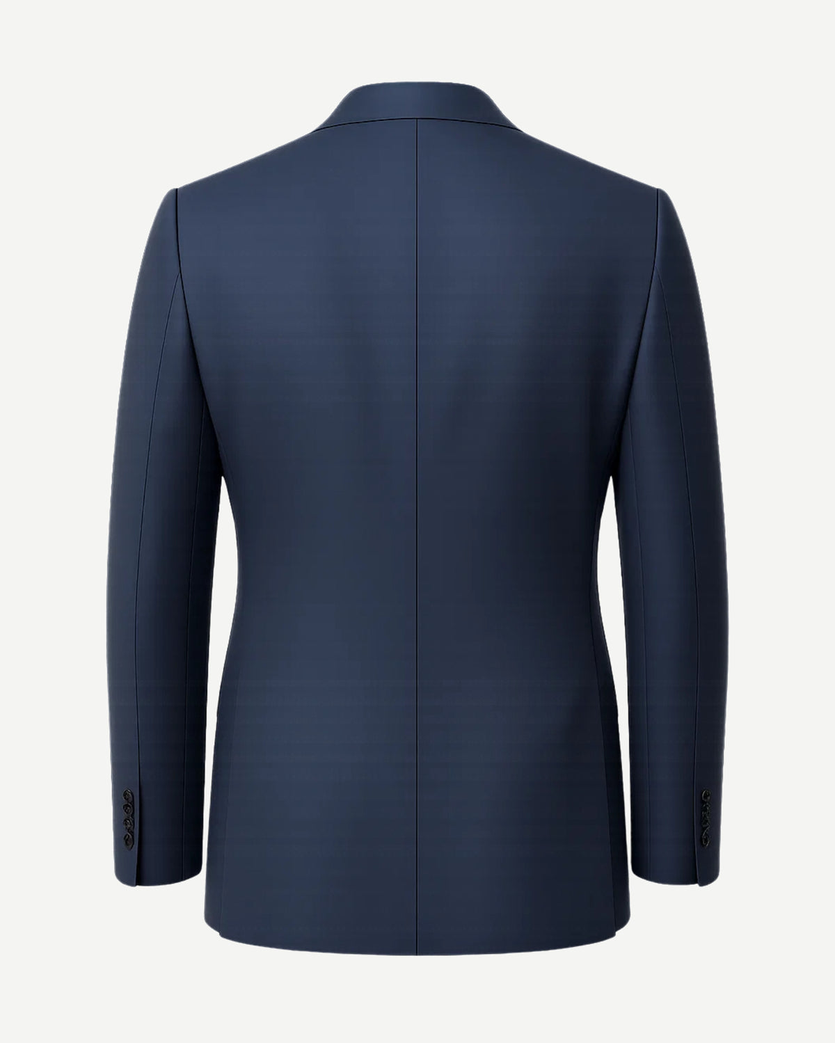 Men's Loro Piana Navy Blue Blazer shown from the back, highlighting a streamlined silhouette with structured shoulders and refined tailoring in luxurious navy fabric.