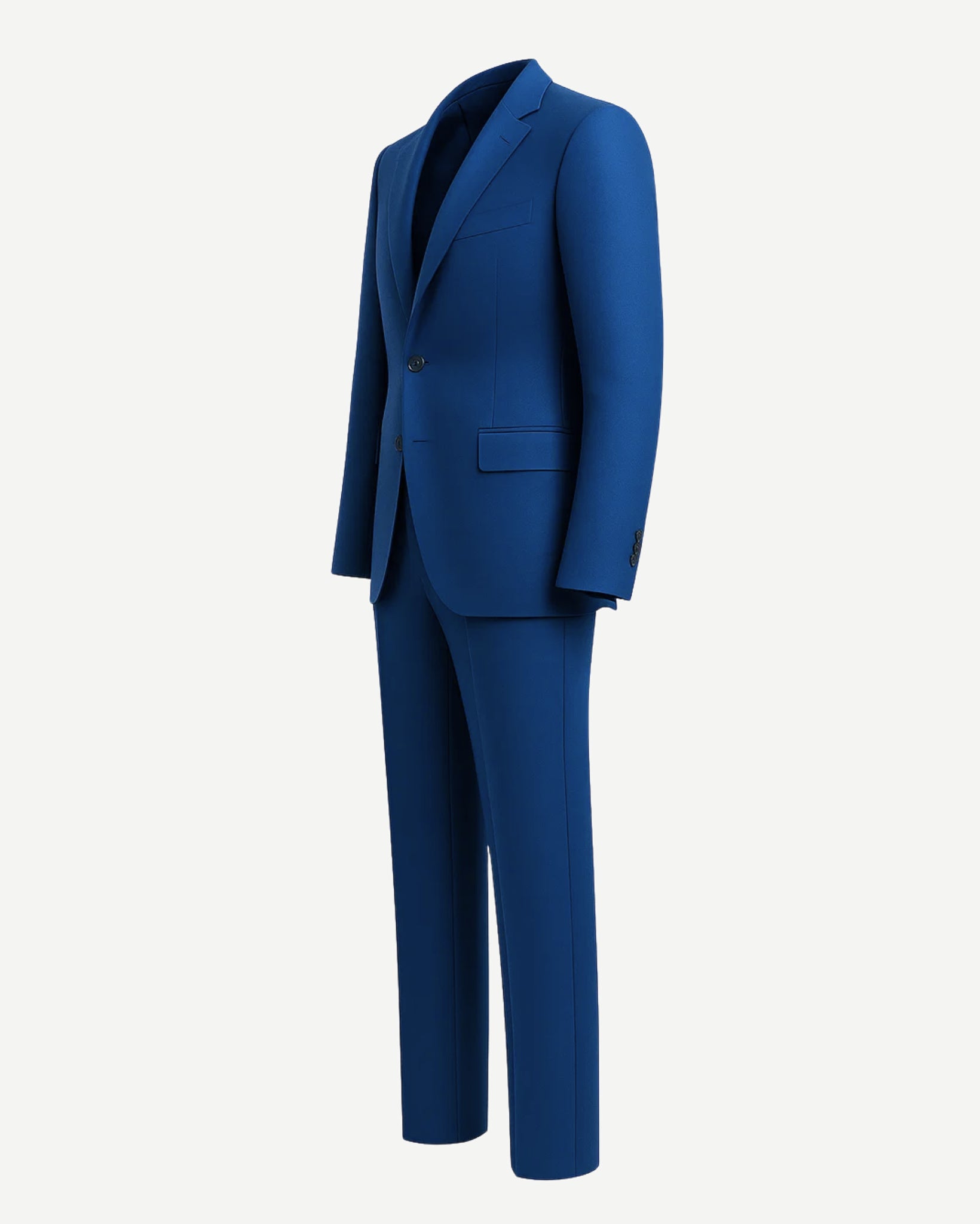 Men's Loro Piana Navy Slim Suit showcasing a striking deep blue tailored blazer with peak lapels, two-button closure, flap pockets, and matching slim-fit trousers in luxurious fabric.