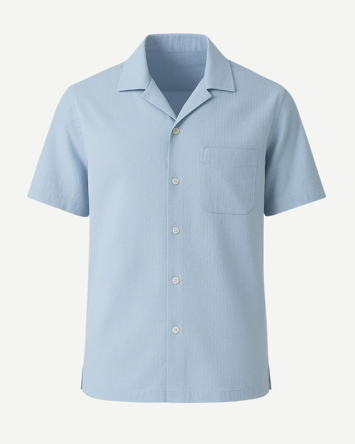 Men's Loro Piana Polo Grounds Blue Seersucker Camp Shirt featuring a relaxed fit with short sleeves, a classic camp collar, front chest pocket, and lightweight textured blue seersucker fabric for refined leisure dressing.