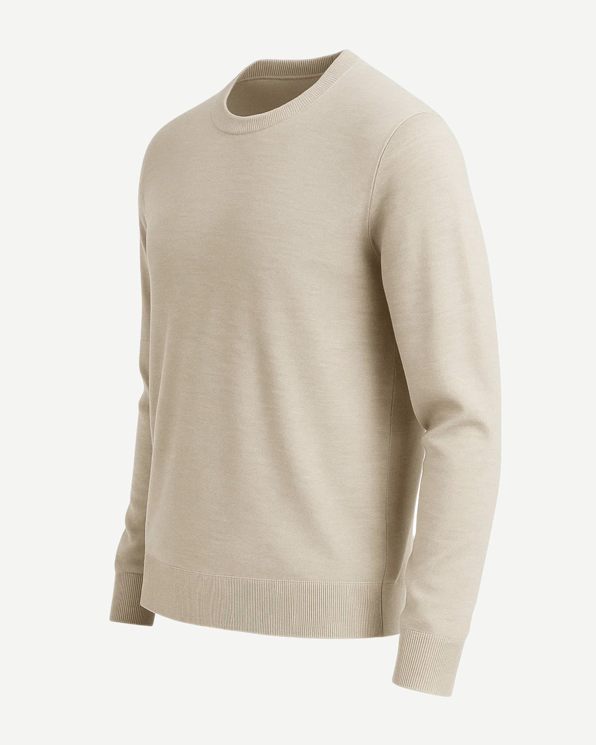 Men's Loro Piana Ocean Drive Beige Silk Cashmere Crew Sweater in a soft beige hue, featuring a smooth knit, long sleeves, ribbed cuffs, and a classic crew neckline for refined luxury leisurewear.