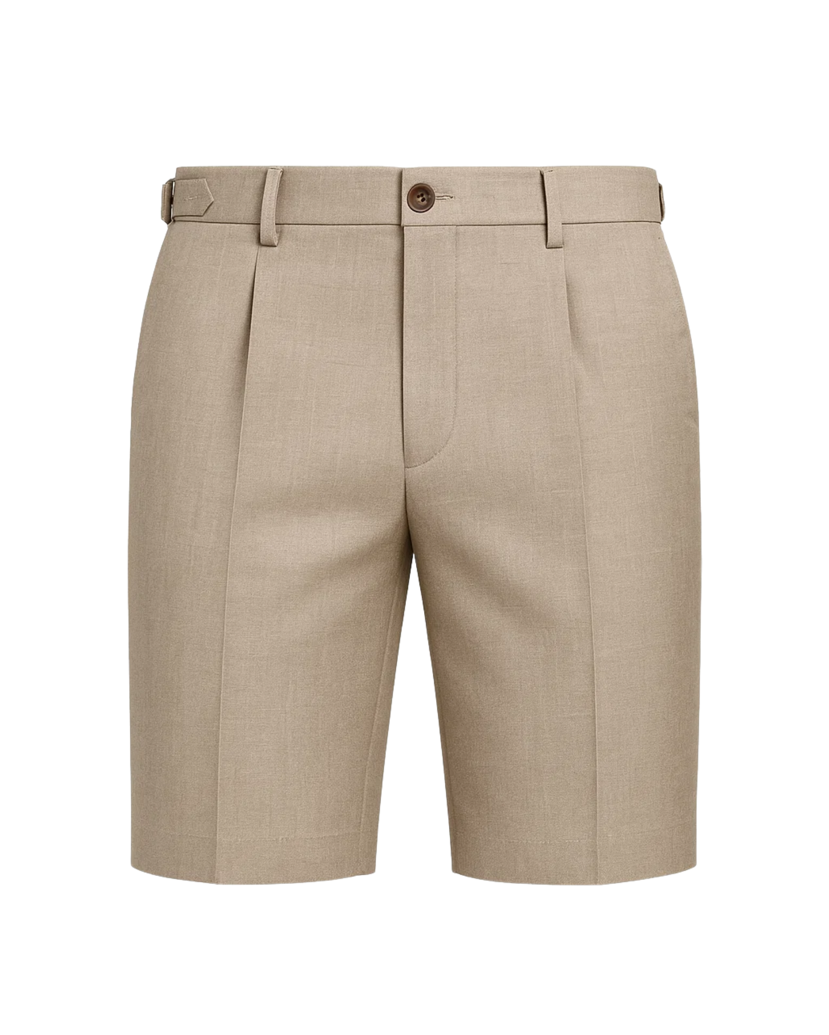 Men's Loro Piana Whitby Beige Tropical Wool Tailored Shorts in a soft beige tone, featuring a refined tailored fit with pleats, belt loops, and a button closure for elegant summer suiting.