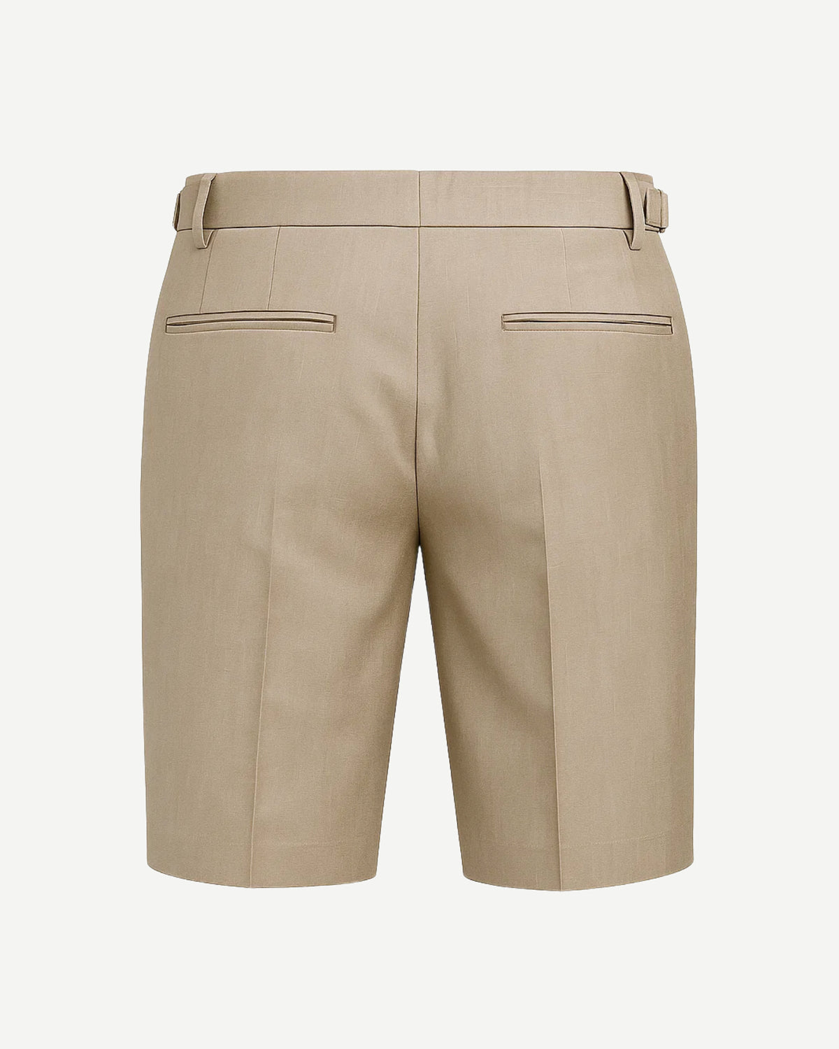 Men's Loro Piana Whitby Beige Tropical Wool Tailored Shorts shown from the back, crafted in lightweight tropical wool with a tailored fit, belt loops, side adjusters, and welt pockets for refined summer suiting.