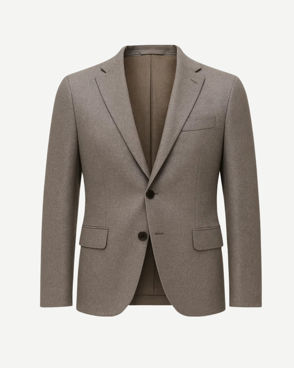 Men's Taupe Brown Classic Tailored Blazer with a two-button front, notch lapels, flap pockets, and a slim fit crafted from smooth taupe brown fabric for timeless menswear.