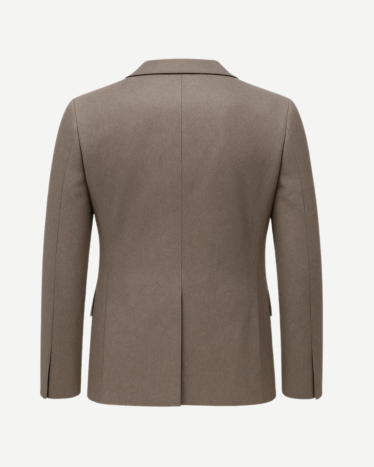 Men's Taupe Brown Classic Tailored Blazer shown from the back, featuring a clean, streamlined silhouette with a center vent and smooth taupe fabric for elegant menswear.
