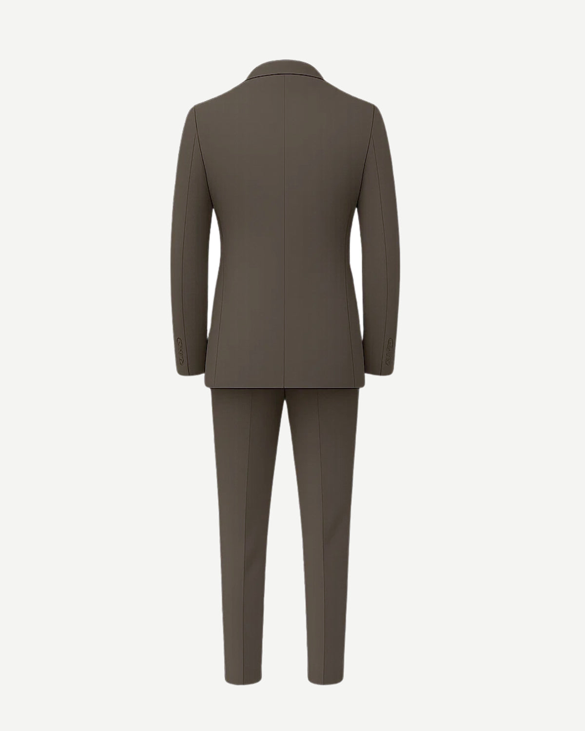 Men's Taupe Brown Three Piece Suit Set shown from the back, featuring a tailored jacket and matching slim-fit trousers in a smooth fabric for refined formal menswear.