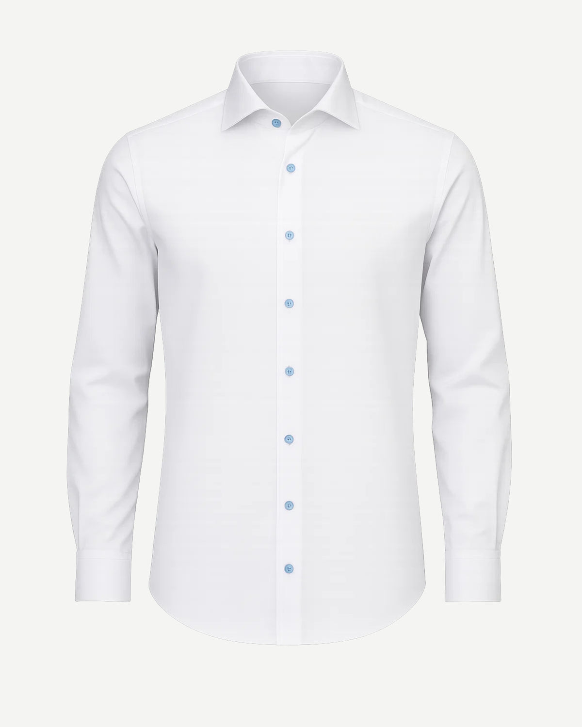 Men's White Classic Dress Shirt featuring a tailored fit with a crisp collar, long sleeves with buttoned cuffs, and subtle blue buttons for a refined and polished look.