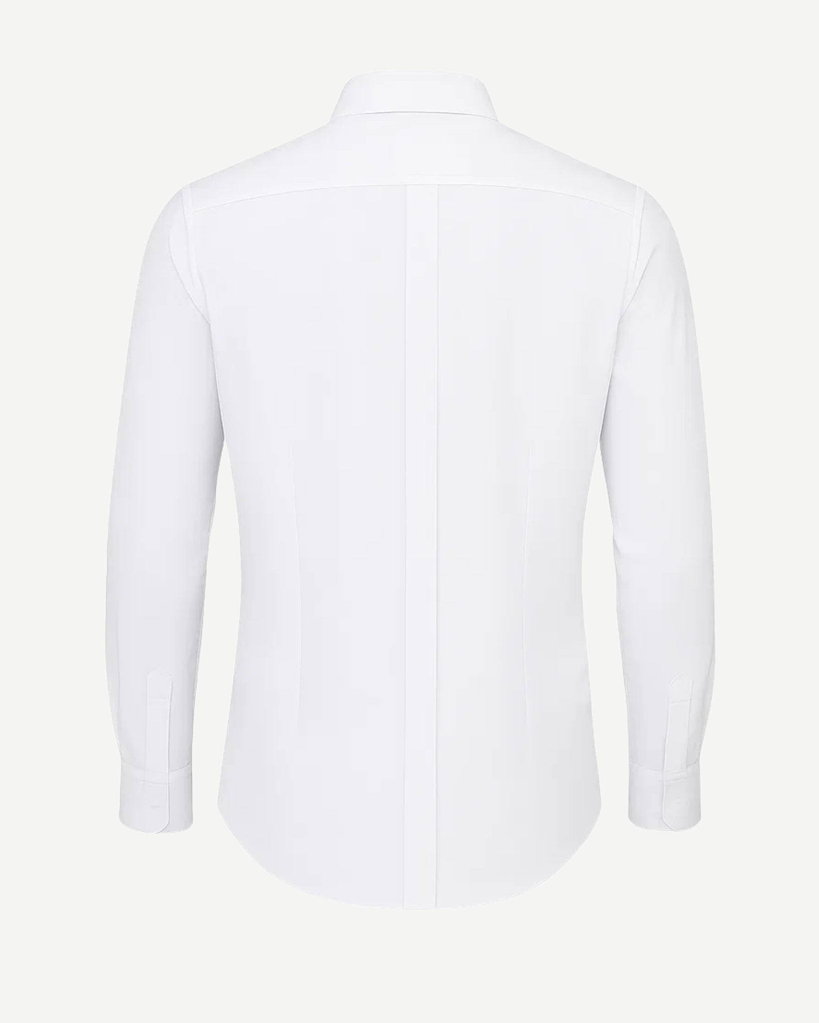 Men's White Classic Dress Shirt shown from the back, highlighting a clean, smooth fabric with long sleeves, buttoned cuffs, and a tailored fit for a sleek, formal look.