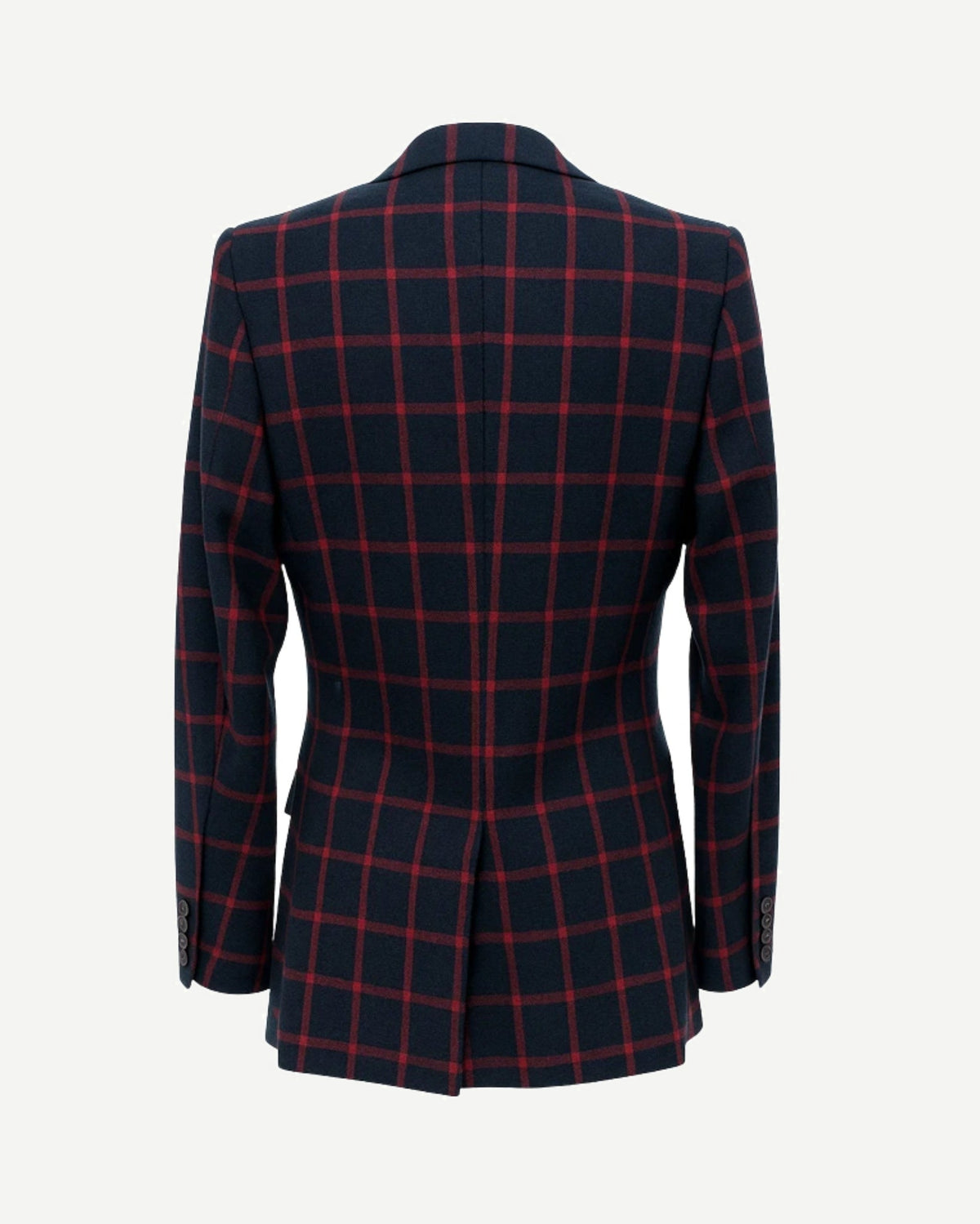 Tailory navy/red windowpane double-breasted peak-lapel blazer back view