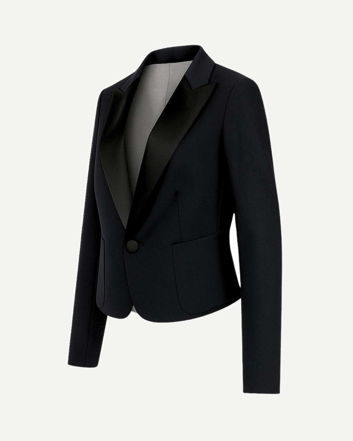 Black Cropped Blazer Formal Tuxedo Jacket Satin Lapels featuring a tailored slim fit, smooth satin peak lapels, single-button closure, and front flap pockets for refined formalwear.
